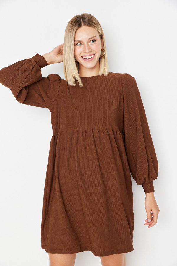 Trendyol Trendyol Brown Flounce Skater/Waist Crap/Textured Mini Knitted Dress