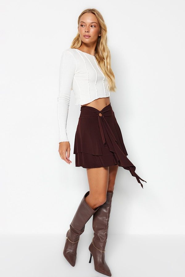 Trendyol Trendyol Brown Frill Detailed Ruffles Mini Knitted Skirt