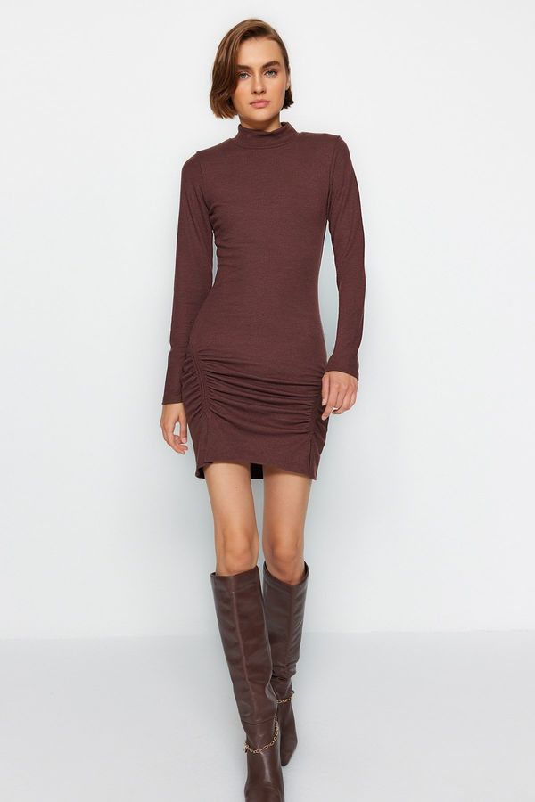 Trendyol Trendyol Brown High Collar Fitted Long Sleeve Slit Mini Ribbed Stretchy Knitted Dress