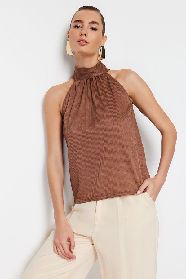 Trendyol Trendyol Brown High Collar Regular Fit Pleated Knitted Blouse