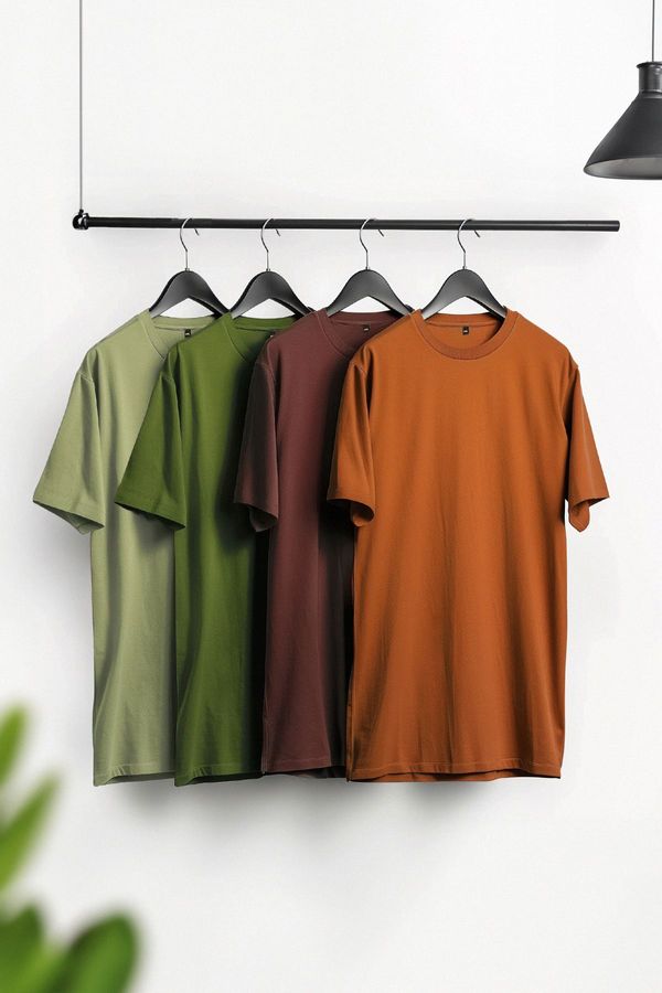 Trendyol Trendyol Brown-Khaki-Orange-Light Green Slim/Slim Cut 4-Piece Basic 100% Cotton T-Shirt