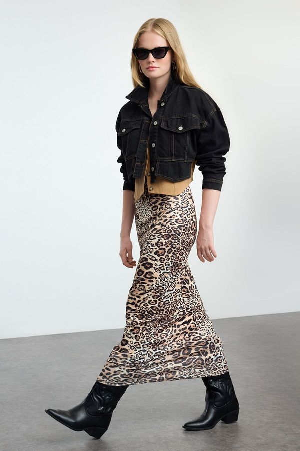 Trendyol Trendyol Brown Leopard Animal Printed Elastic Waist Maxi Pencil Flexible Knitted Skirt