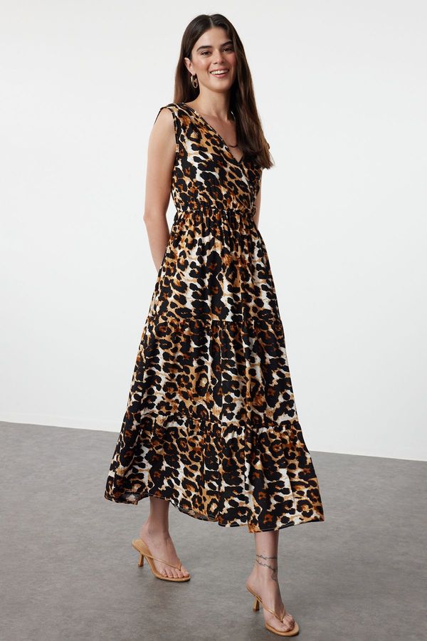 Trendyol Trendyol Brown Leopard Patterned A-Line Double Breasted Neck Viscose Woven Dress