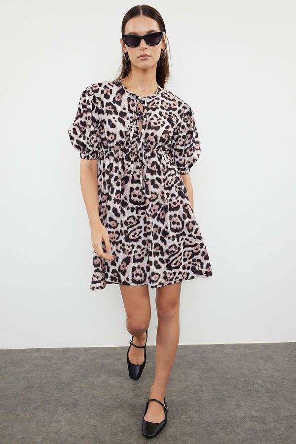 Trendyol Trendyol Brown Leopard Patterned A-Line Mini Woven Dress with Bow Detail