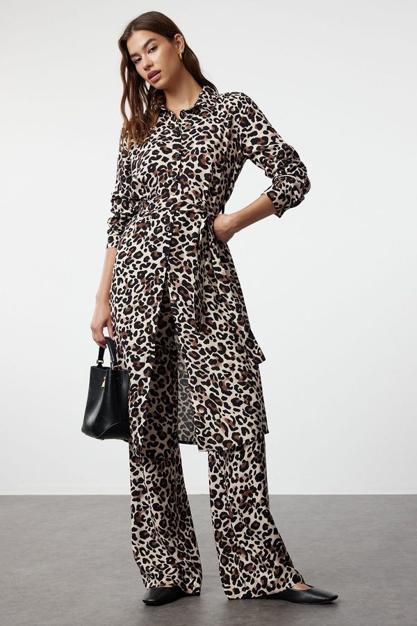 Trendyol Trendyol Brown Leopard Patterned Belted Viscose Regular Woven Hijab Bottom-Top Set