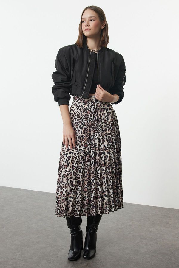 Trendyol Trendyol Brown Leopard Pleated Maxi Length Woven Skirt