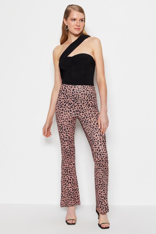 Trendyol Trendyol Brown Leopard Print Flare/Dipstick High Waist Fleksibilne pletene hlače