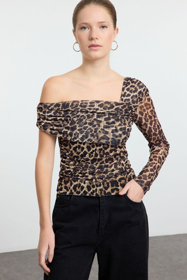 Trendyol Trendyol Brown Leopard Printed Asymmetric Collar Body-Smoothing Flexible Knitted Blouse