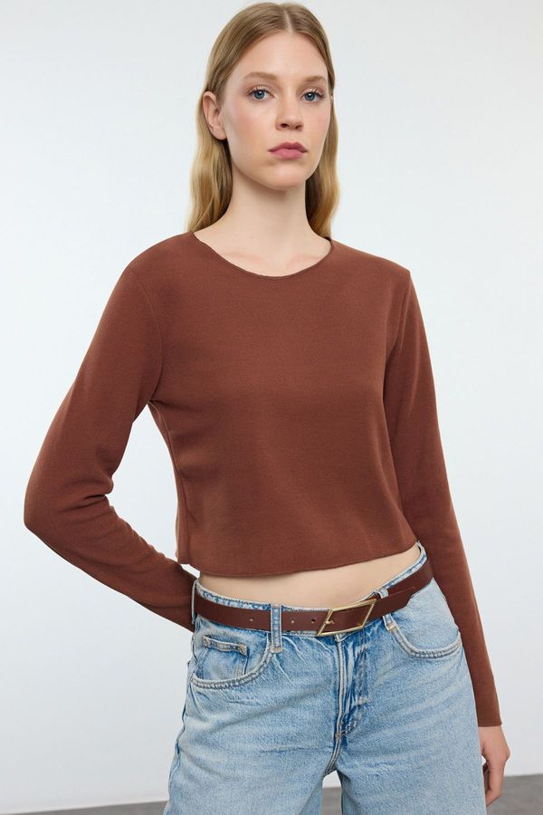 Trendyol Trendyol Brown Low Shoulder Crew Neck Crop Thessaloniki/Knitwear Look Knitted Blouse