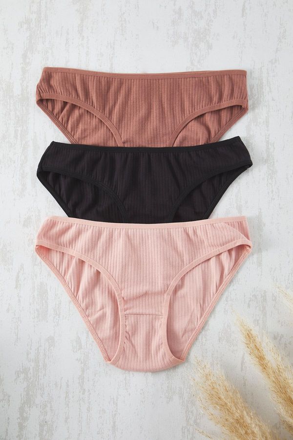 Trendyol Trendyol Brown-Multi Colorful 3-Pack Cotton Ribbed Classic Knitted Panties