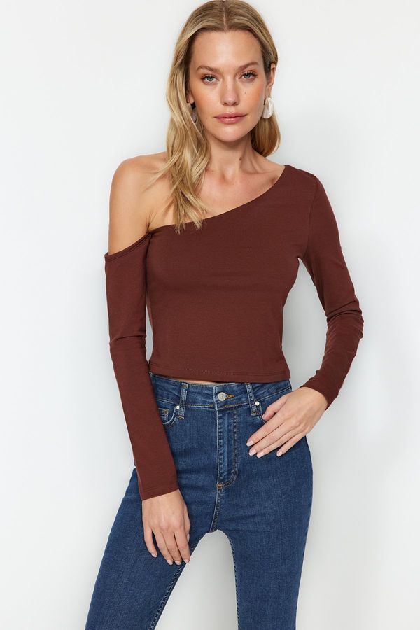 Trendyol Trendyol Brown One-Shoulder Cotton Slim Fit Crop Knitted Blouse