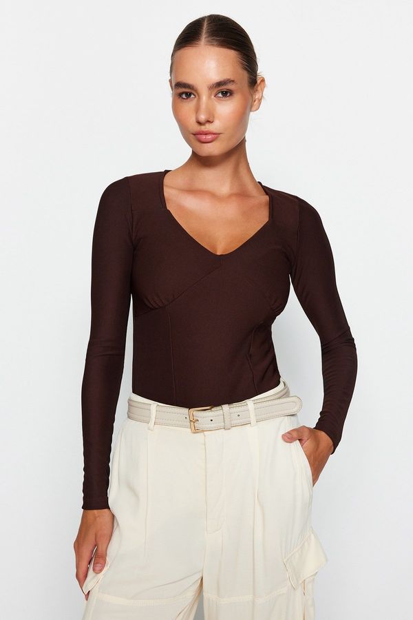 Trendyol Trendyol Brown Ottoman Slim Stitch Detailed V Neck Elastic Knitted Blouse