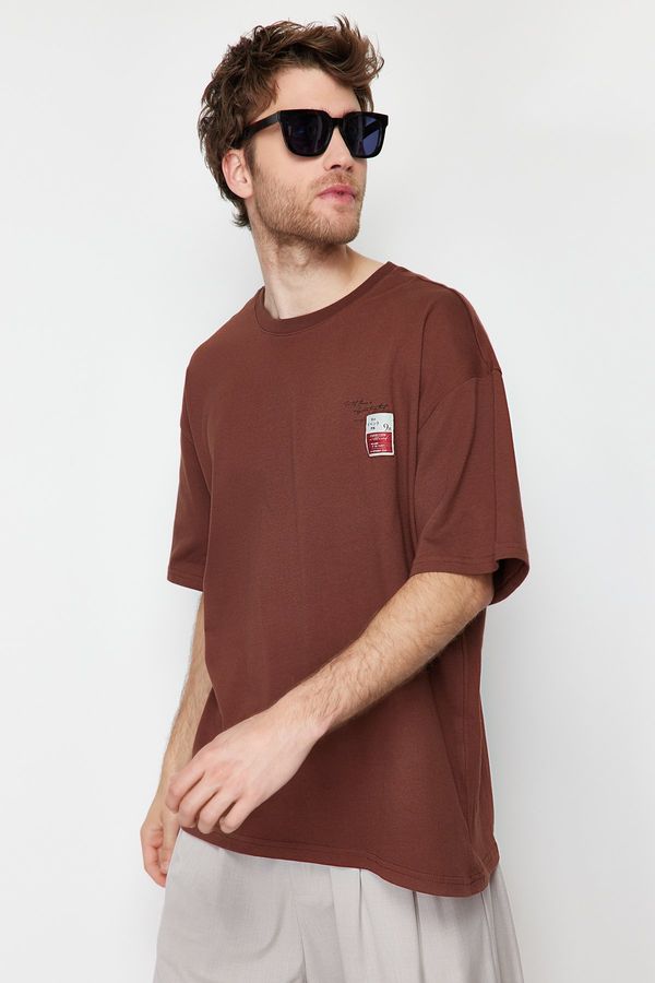 Trendyol Trendyol Brown Oversize Labeled Text Printed 100% Cotton T-Shirt