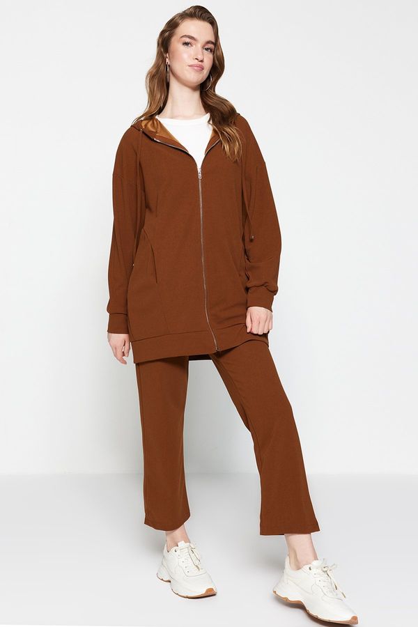 Trendyol Trendyol Brown Oversize Zippered Hooded Cardigan Knitted Tracksuit