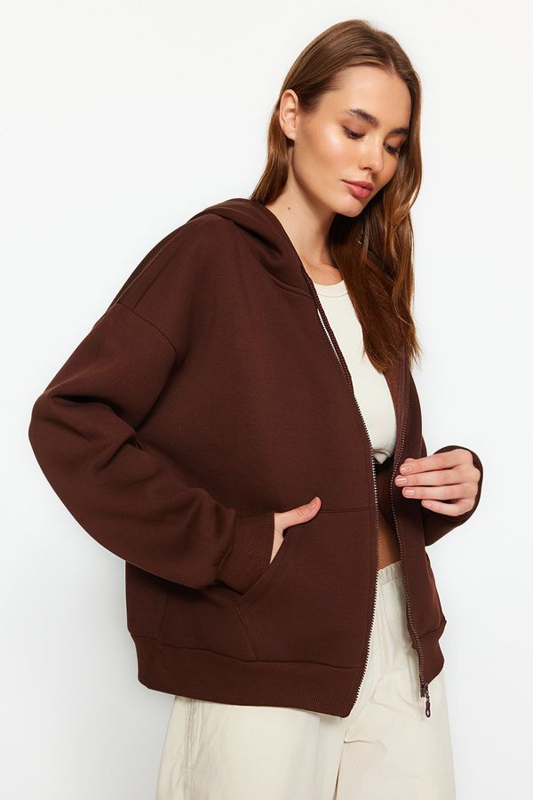 Trendyol Trendyol Brown Oversize/Comfortable Fit Basic Hooded Knitted Sweatshirt with Fleece Inside