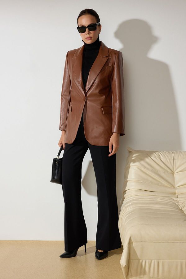 Trendyol Trendyol Brown Oversized Faux Leather Blazer Jacket