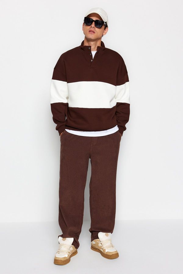 Trendyol Trendyol Brown Oversize/Wide Cut Snap Fastener Stand Collar Color Fleece Cotton Sweatshirt