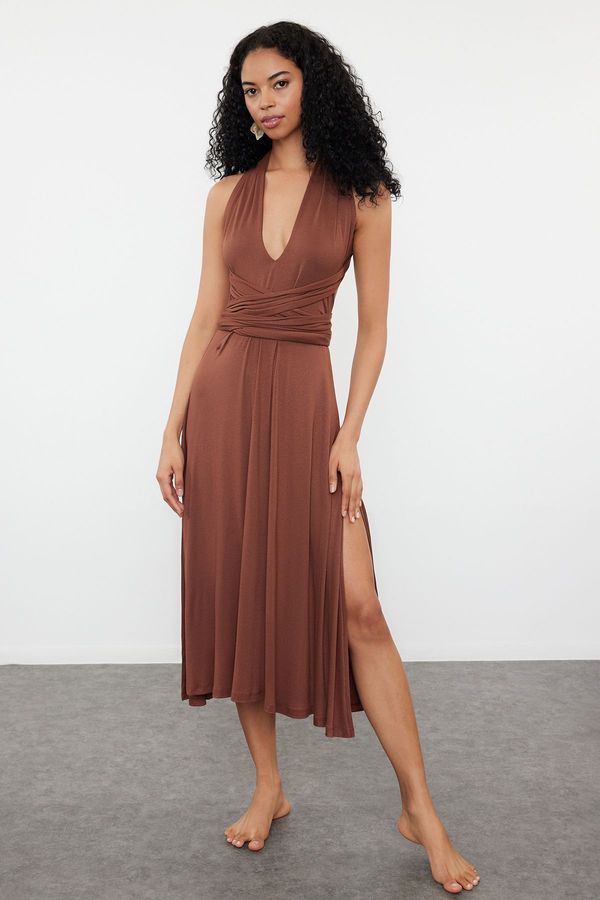 Trendyol Trendyol Brown Plain Regular Midi Knitted 97% Viscose,3% Elastane Dress