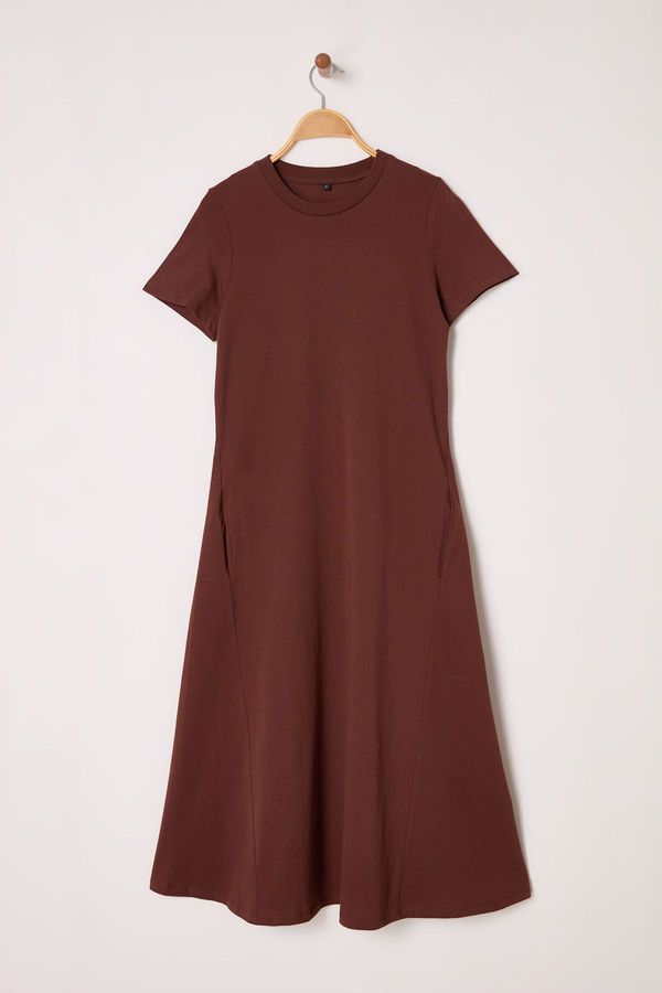 Trendyol Trendyol Brown Plain T-shirt Dress Pocket Midi Knitted Dress