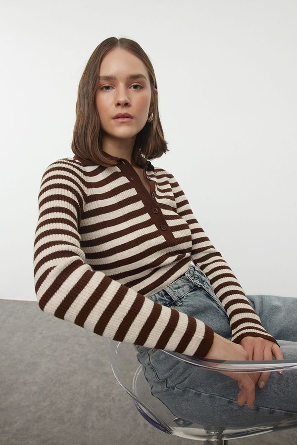 Trendyol Trendyol Brown Polo Neck Basic Striped Knitwear Sweater