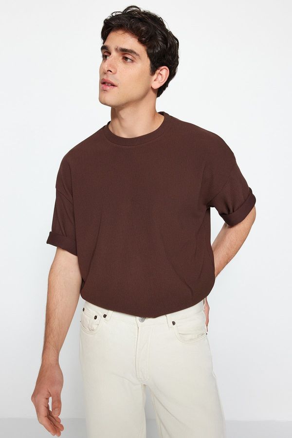 Trendyol Trendyol Brown Premium Oversize Crew Neck Short Sleeve Textured Ottoman T-Shirt