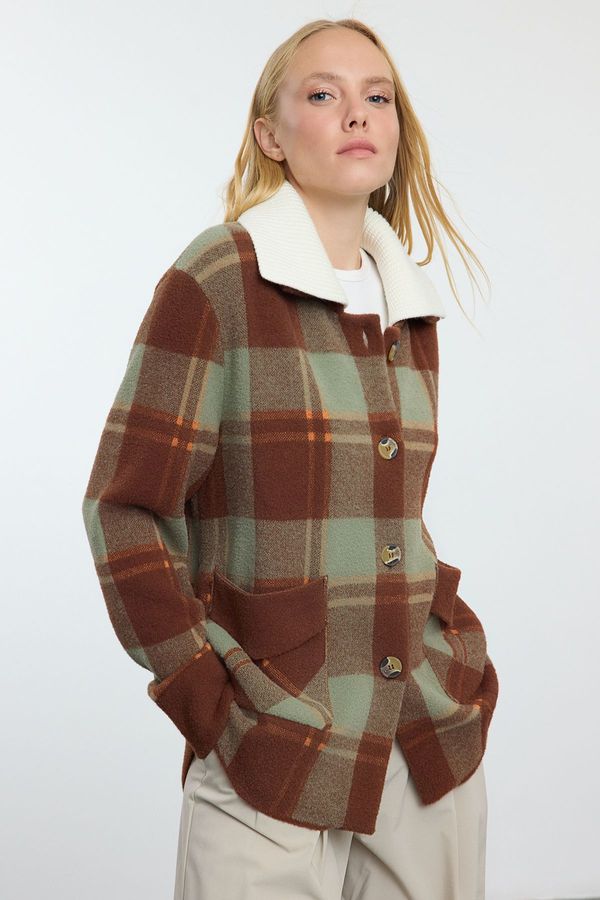 Trendyol Trendyol Brown Premium Quality Plaid Jacket/Coat Look Knitwear Cardigan