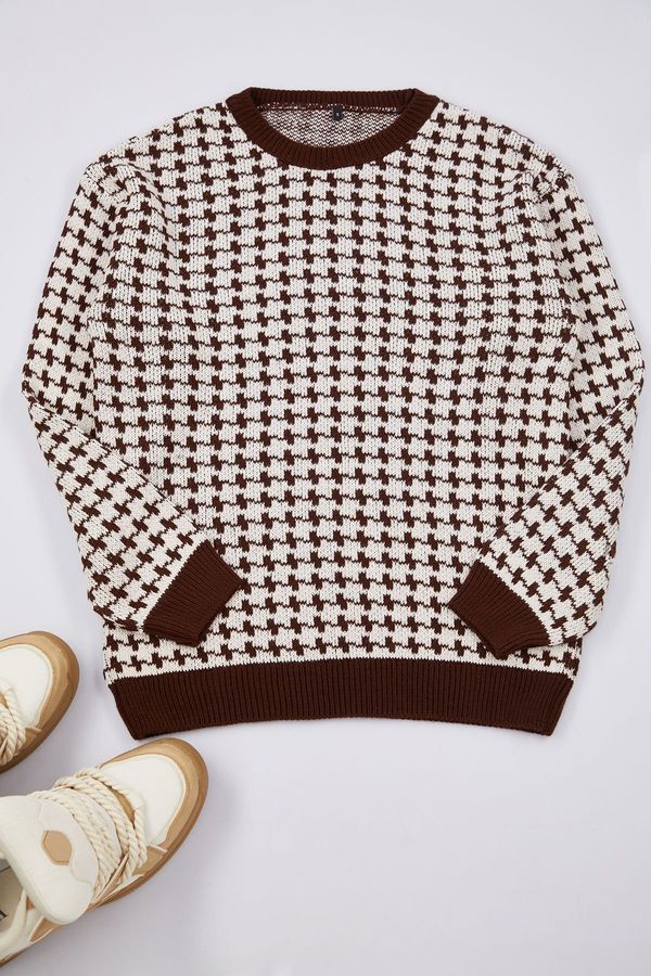 Trendyol Trendyol Brown Regular Crew Neck Houndstooth Knitwear Sweater