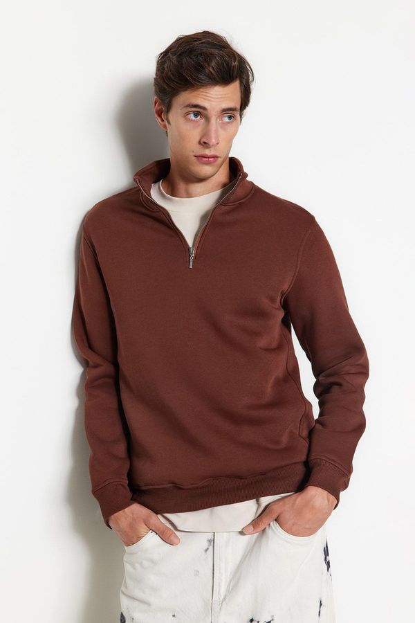 Trendyol Trendyol Brown Regular Cut Stand Collar Zippered Cotton Basic Sweatshirt