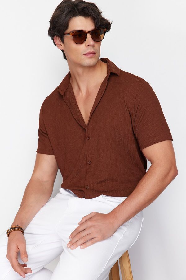 Trendyol Trendyol Brown Regular Fit Short Sleeve Summer Textured Knitted Shirt