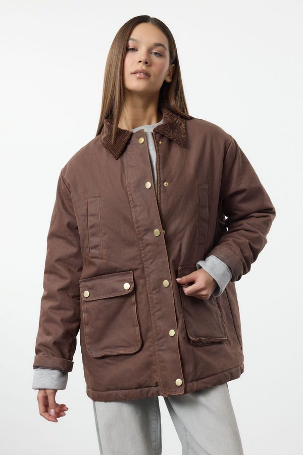 Trendyol Trendyol Brown Regular Fit Waxed Gabardine Collar Velvet Plaid Lined Jacket Coat