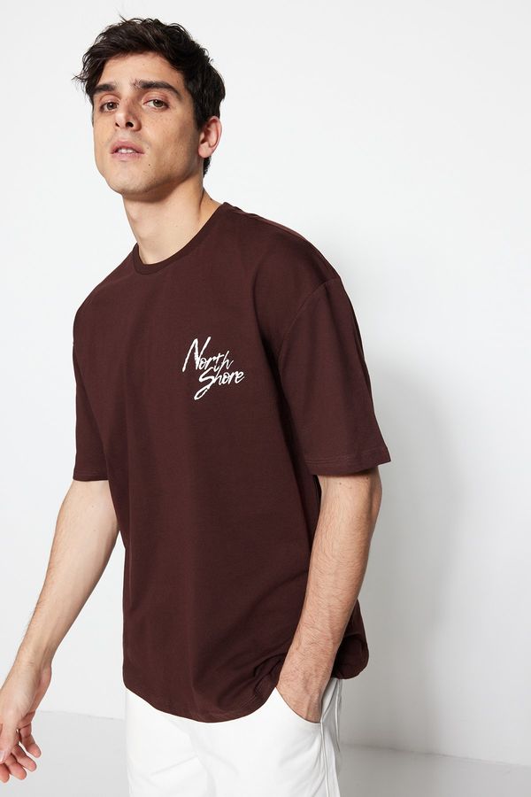 Trendyol Trendyol Brown Relaxed/Casual Cut Short Sleeve Text Printed 100% Cotton T-Shirt