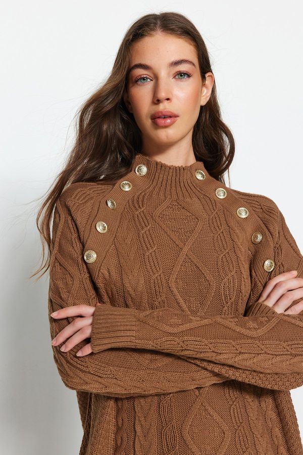Trendyol Trendyol Brown širokofit pulover za pletenine z dodatnimi podrobnostmi