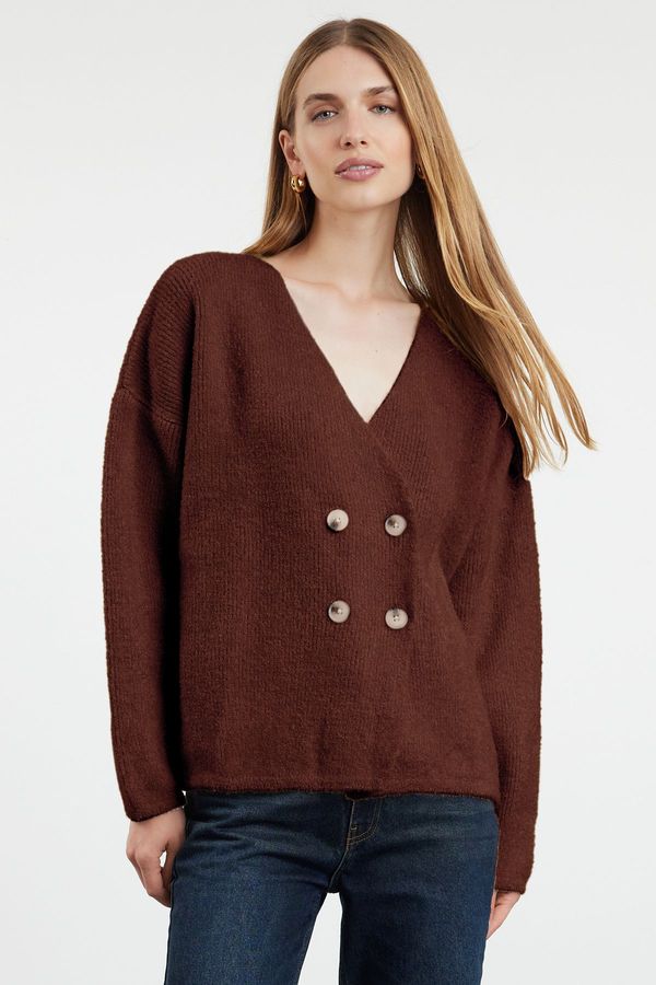 Trendyol Trendyol Brown Soft Texture Double Breasted Knitted Cardigan