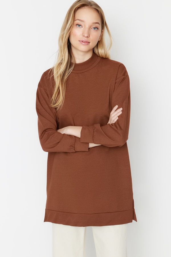 Trendyol Trendyol Brown Stand-Up Neck Slit Detailed Basic Knitted Sweatshirt