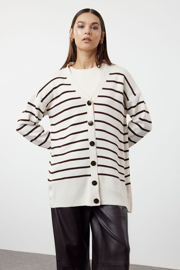 Trendyol Trendyol Brown Stone Striped Knitwear Cardigan