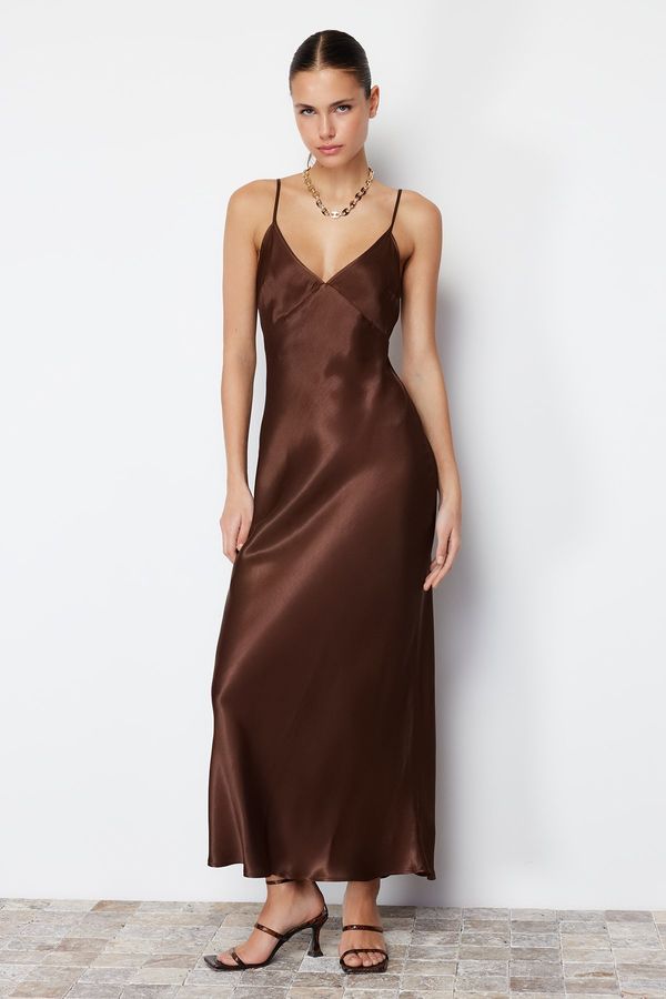 Trendyol Trendyol Brown Straight Cut Satin Strappy Maxi Woven Dress