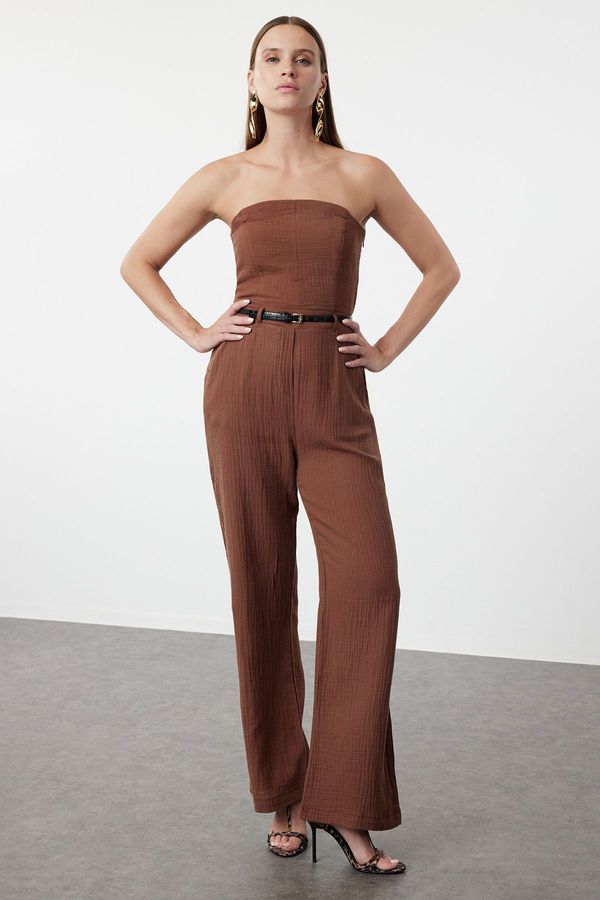 Trendyol Trendyol Brown Strapless Collar Linen Look Jumpsuit