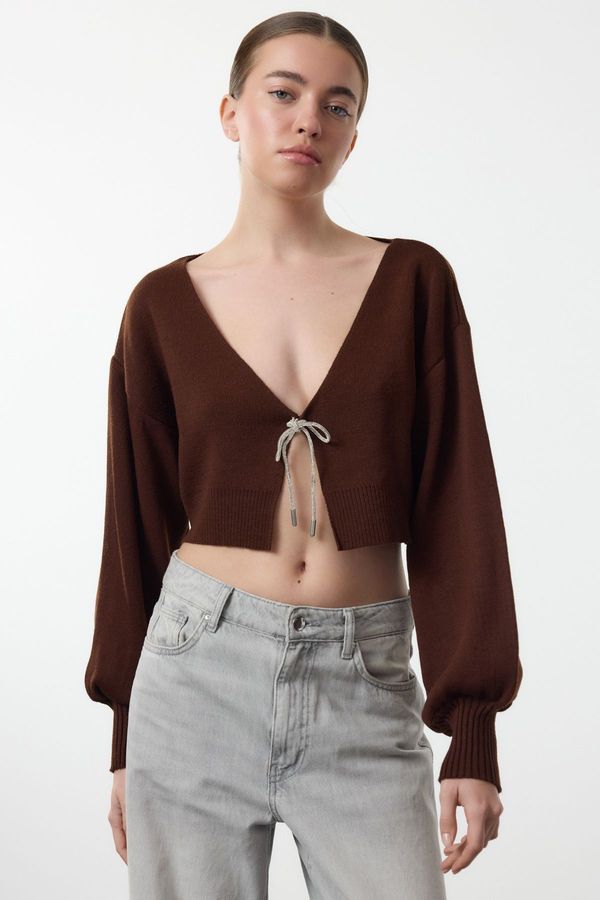 Trendyol Trendyol Brown Super Crop Basic Bow Knit Cardigan