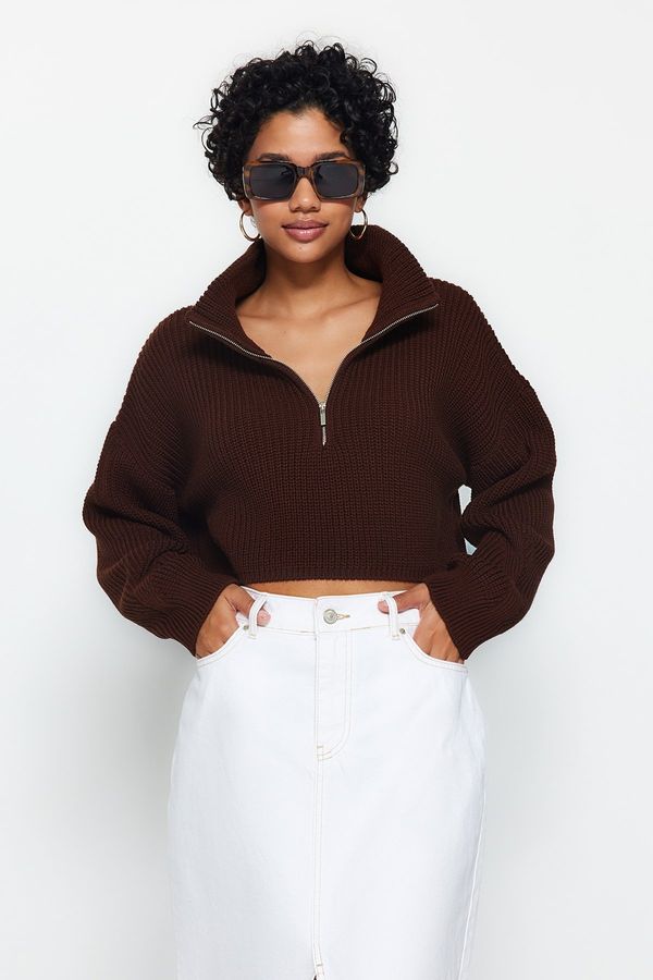Trendyol Trendyol Brown super Crop pulover za pletenine z zadrgo