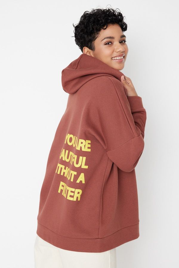 Trendyol Trendyol Brown Thick Fleece Interior Printed Back Oversized/Wide Knitted Sweatshirt