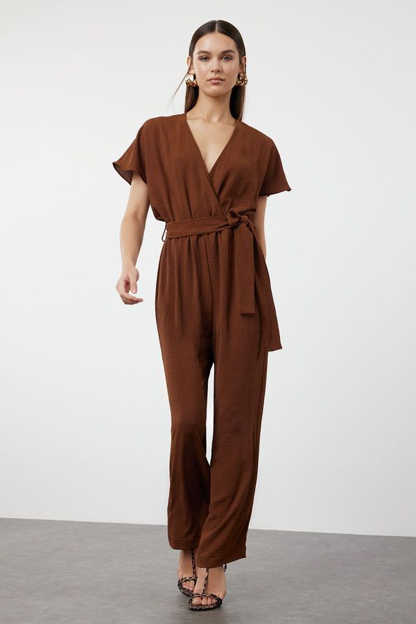 Trendyol Trendyol Brown Tie Detailed Double Breasted Collar Tube Leg Woven Jumpsuit