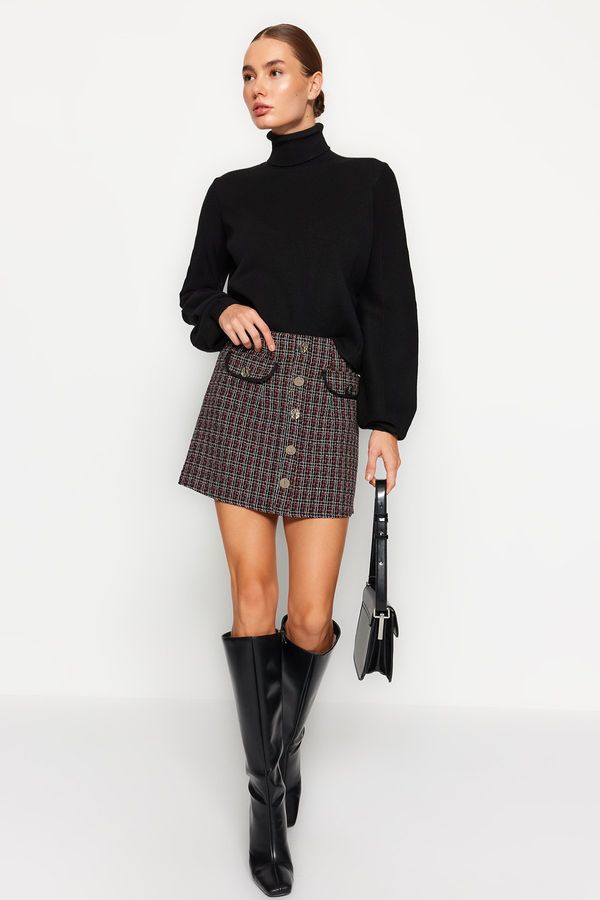 Trendyol Trendyol Brown Tweed Fabric Pocket and Button Detailed Plaid Patterned Mini Woven Skirt