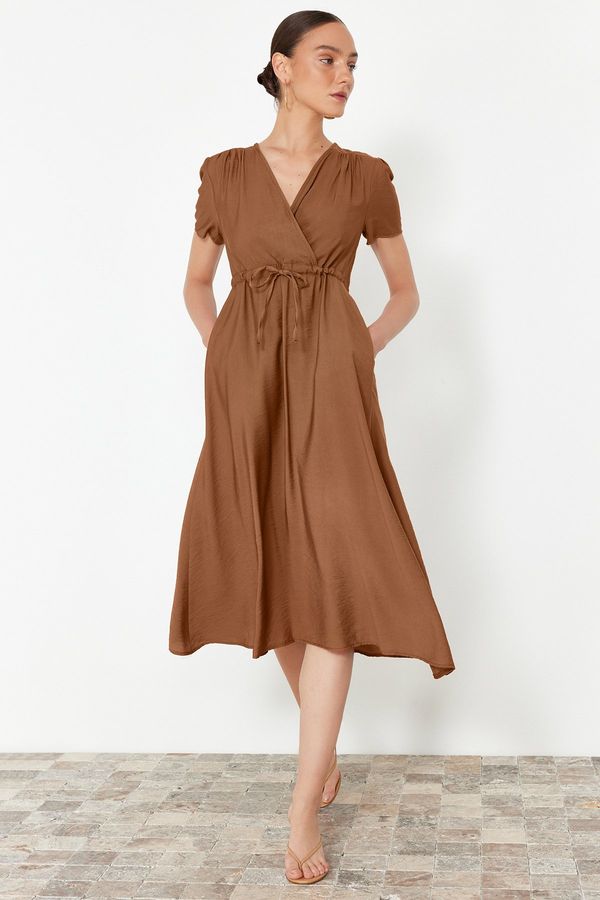 Trendyol Trendyol Brown V-neck Midi Woven Dress with Opened Waist