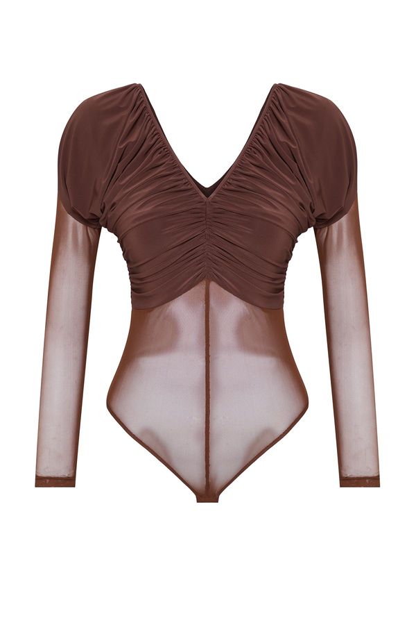 Trendyol Trendyol Brown V Neck Tulle Knitted Bodysuit