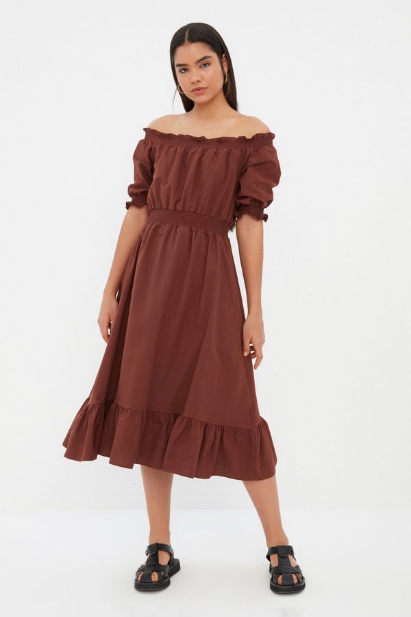 Trendyol Trendyol Brown Waist Gimped Midi Woven Linen Look Dress