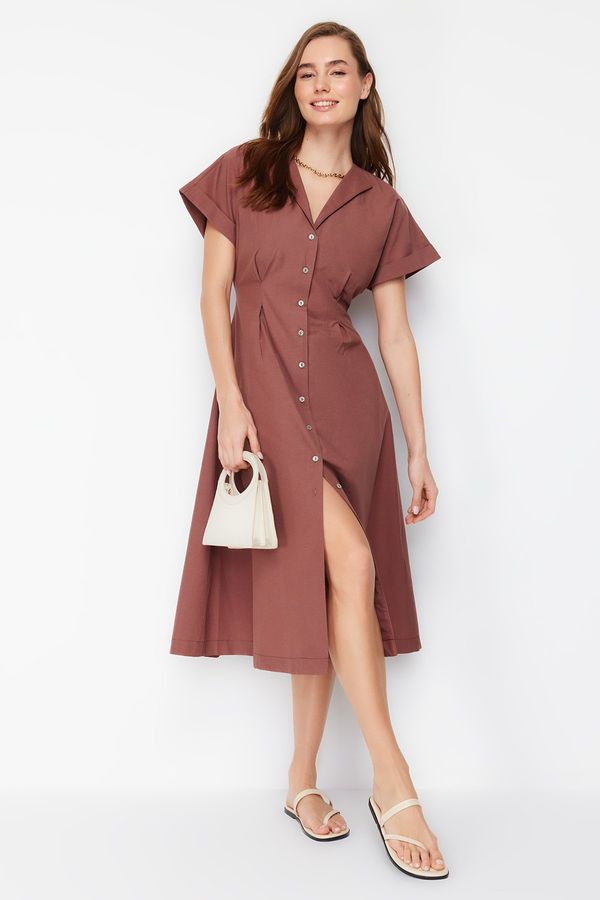 Trendyol Trendyol Brown Waist Opening Midi Woven Shirt Dress