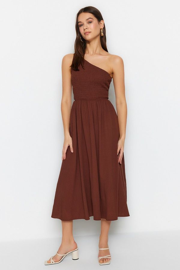 Trendyol Trendyol Brown Waist Opening Top Size One Shoulder Midi Woven Dress with Gipel