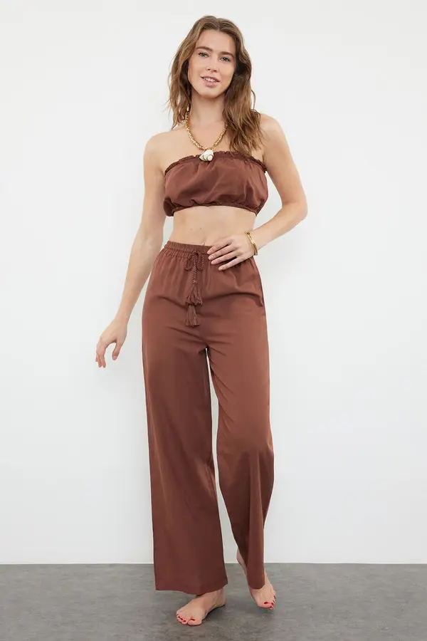 Trendyol Trendyol Brown Weaving 100% Cotton Blouse Trousers Beach Set