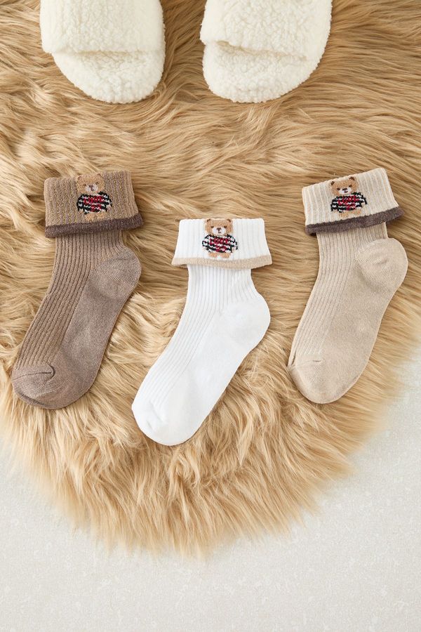 Trendyol Trendyol Brown-White-Beige 3-Pack Teddy Bear Jacquard Knitted Socks