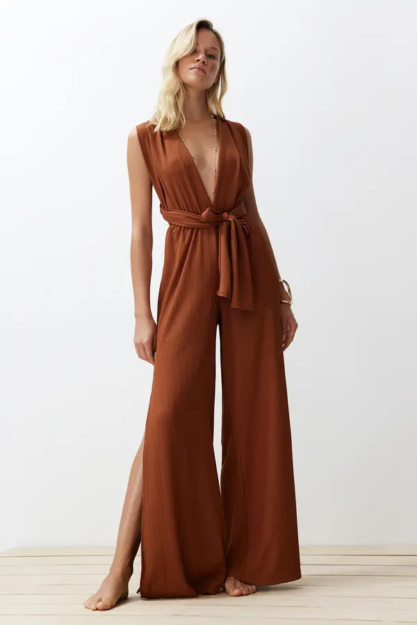 Trendyol Trendyol Brown Woven Backless Tied Beach Jumpsuit